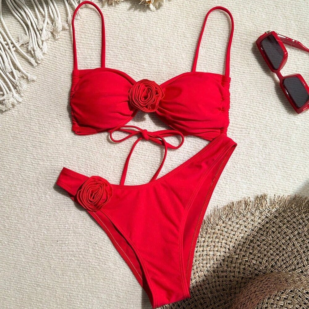 Red Sexy Women's Floral Decor Bikini Set